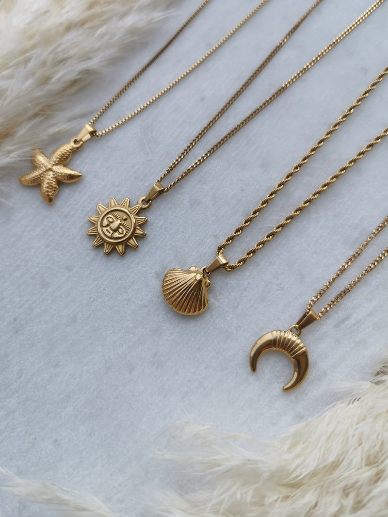 Sun & Sea Custom Gold Plated Necklace (Starfish, Shell, Horn, Sun)